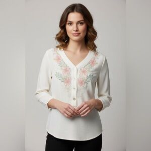 Ruby Rd. Cream Button-Front Top with Peach Floral Embroidery